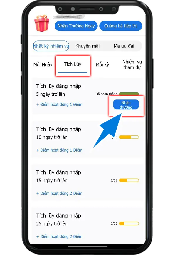 Bước 3 : Chọn Nhật ký nhiệm vụ >> Chọn Tích Lũy >> Chọn Nhận thưởng